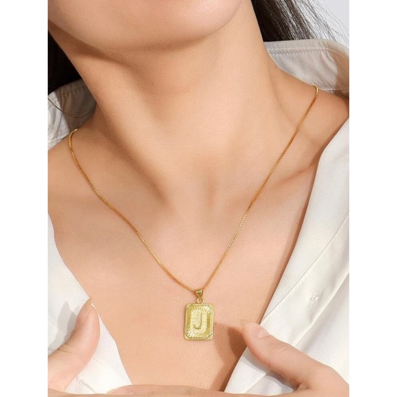 Gold Plated Letter “J” Initial Engraved Charm Tag Box Chain Necklace - Picture 2 of 4